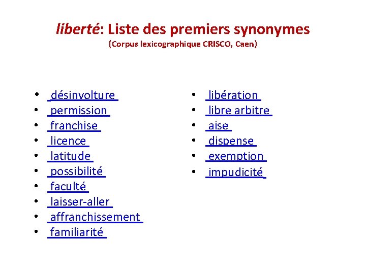 liberté: Liste des premiers synonymes (Corpus lexicographique CRISCO, Caen) • désinvolture • • •