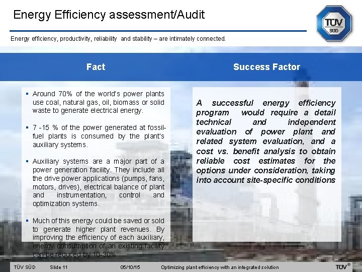 Energy Efficiency assessment/Audit Energy efficiency, productivity, reliability and stability – are intimately connected. Fact