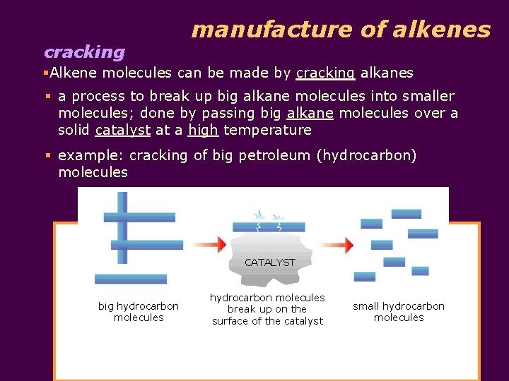 cracking manufacture of alkenes §Alkene molecules can be made by cracking alkanes § a