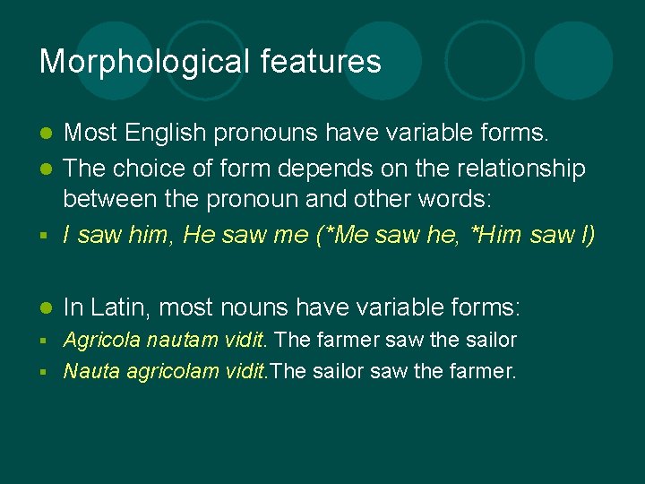 Morphological features Most English pronouns have variable forms. l The choice of form depends