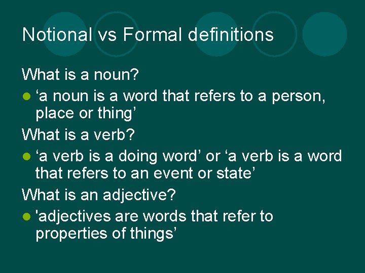 Notional vs Formal definitions What is a noun? l ‘a noun is a word