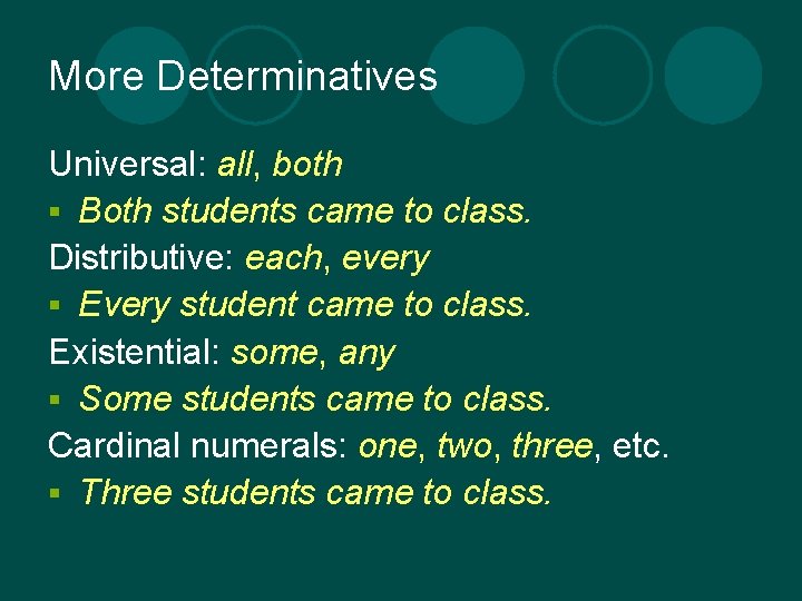 More Determinatives Universal: all, both § Both students came to class. Distributive: each, every