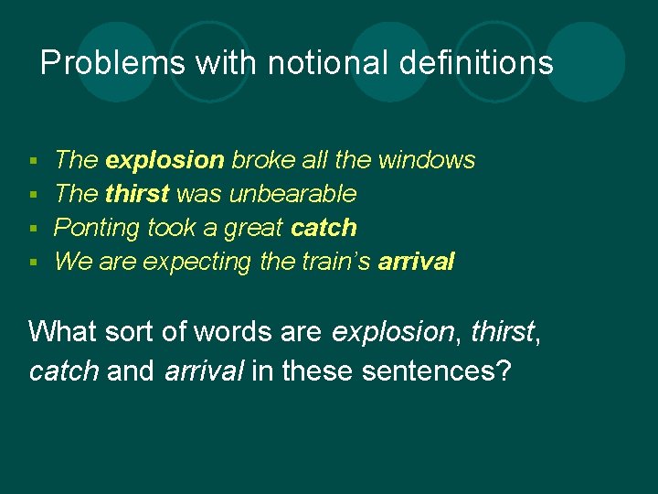 Problems with notional definitions The explosion broke all the windows § The thirst was