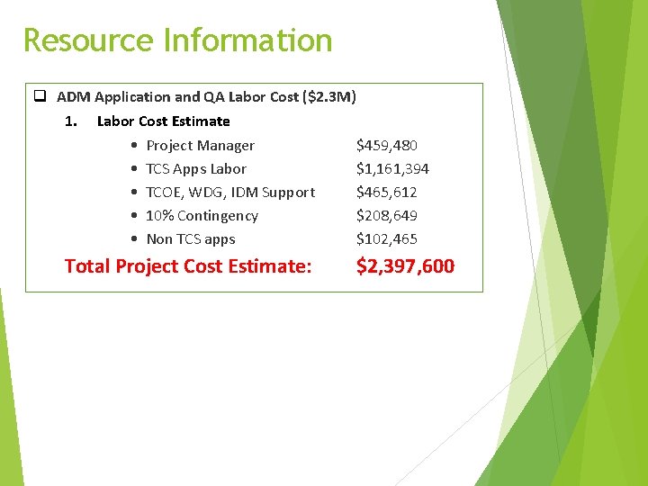 Resource Information q ADM Application and QA Labor Cost ($2. 3 M) 1. Labor