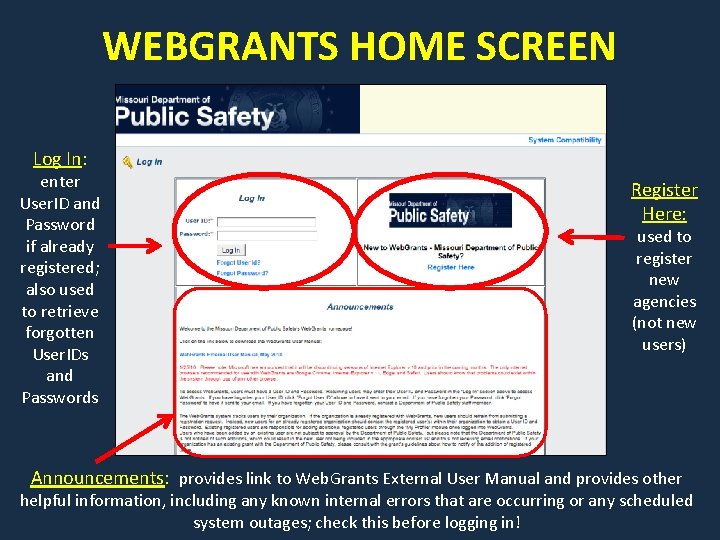 WEBGRANTS HOME SCREEN Log In: enter User. ID and Password if already registered; also