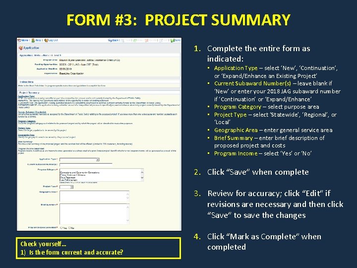 FORM #3: PROJECT SUMMARY 1. Complete the entire form as indicated: • Application Type