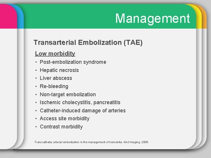 Management Transarterial Embolization (TAE) Low morbidity • • • Post-embolization syndrome Hepatic necrosis Liver