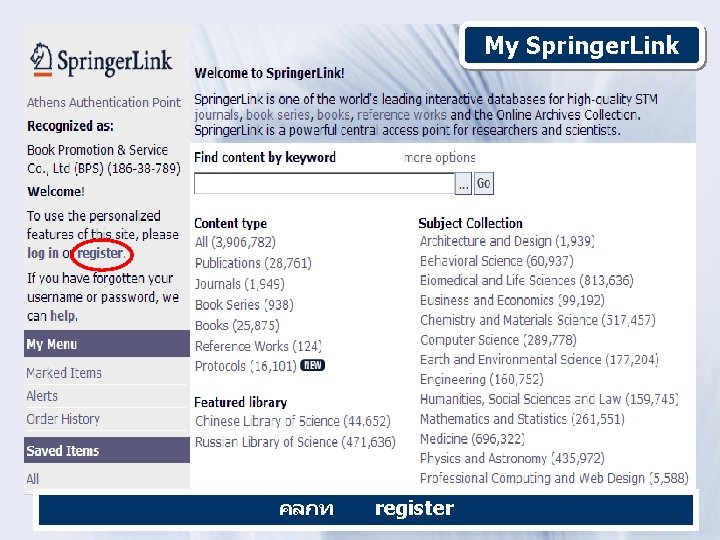 My Springer. Link คลกท register 