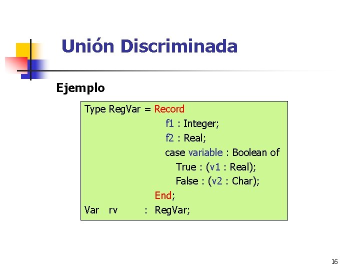 Unión Discriminada Ejemplo Type Reg. Var = Record f 1 : Integer; f 2