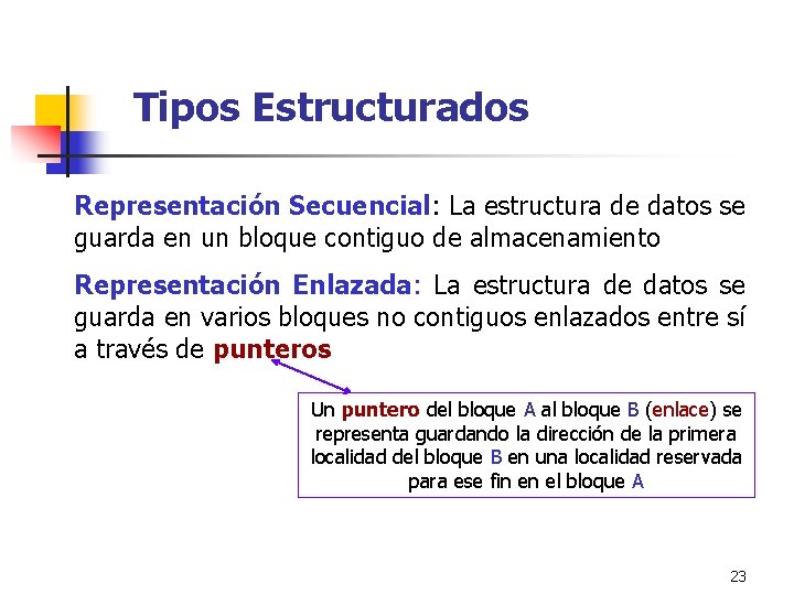 Tipos Estructurados Representación Secuencial: La estructura de datos se guarda en un bloque contiguo