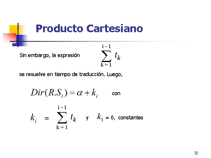 Producto Cartesiano i-1 å tk Sin embargo, la expresión k=1 se resuelve en tiempo