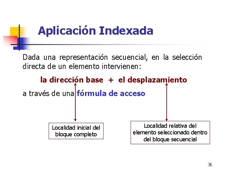 Aplicación Indexada Dada una representación secuencial, en la selección directa de un elemento intervienen: