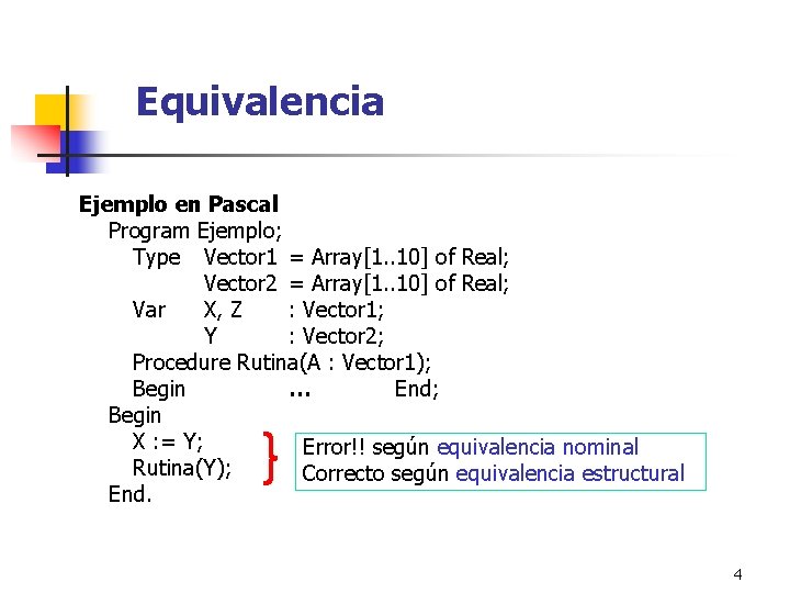Equivalencia Ejemplo en Pascal Program Ejemplo; Type Vector 1 = Array[1. . 10] of