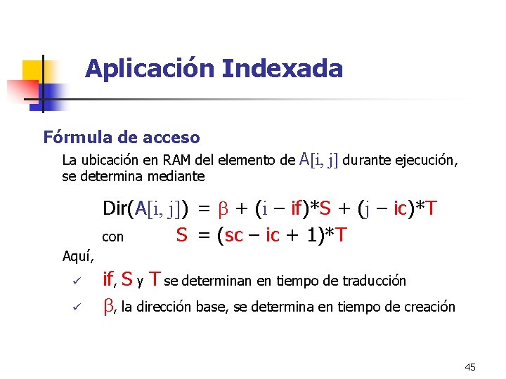 Aplicación Indexada Fórmula de acceso La ubicación en RAM del elemento de se determina