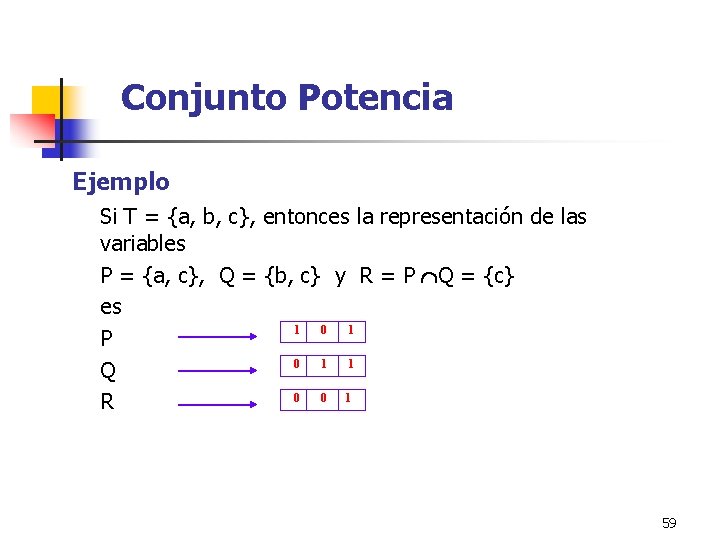 Conjunto Potencia Ejemplo Si T = {a, b, c}, entonces la representación de las