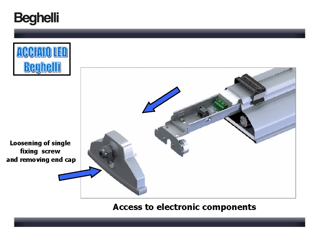 Loosening of single fixing screw and removing end cap Access to electronic components 