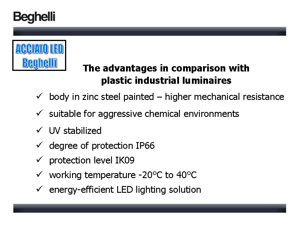 The advantages in comparison with plastic industrial luminaires ü body in zinc steel painted