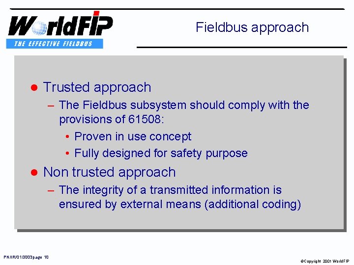Fieldbus approach l Trusted approach – The Fieldbus subsystem should comply with the provisions