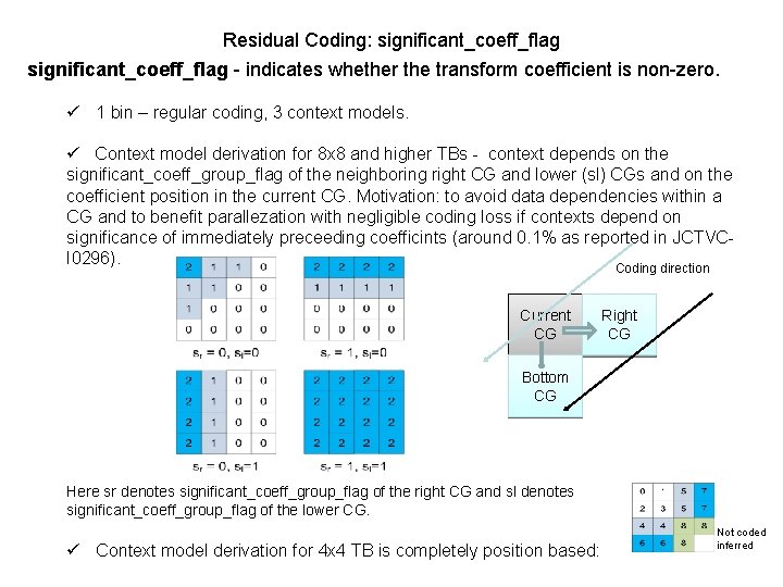 Residual Coding: significant_coeff_flag - indicates whether the transform coefficient is non-zero. ü 1 bin