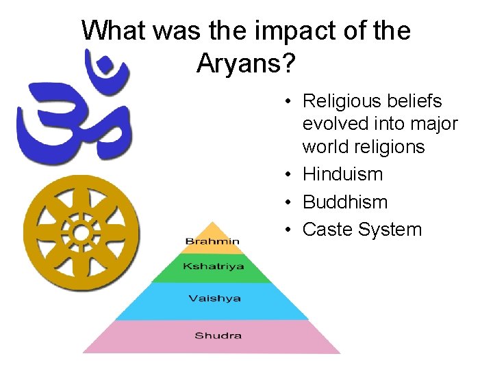 What was the impact of the Aryans? • Religious beliefs evolved into major world