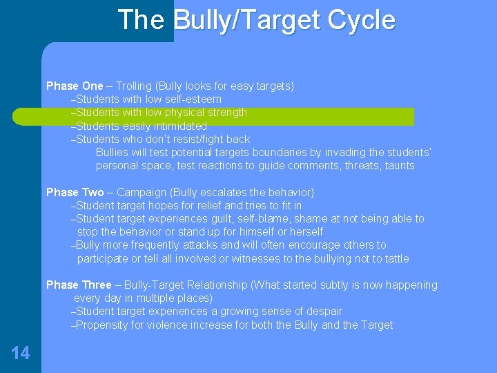 The Bully/Target Cycle Phase One – Trolling (Bully looks for easy targets) –Students with