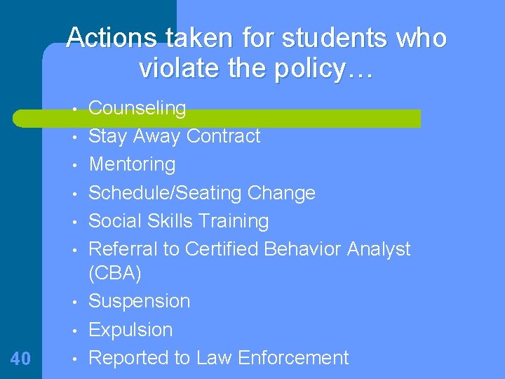 Actions taken for students who violate the policy… • • 40 • Counseling Stay