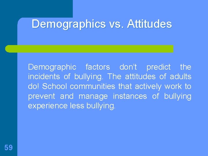 Demographics vs. Attitudes Demographic factors don’t predict the incidents of bullying. The attitudes of