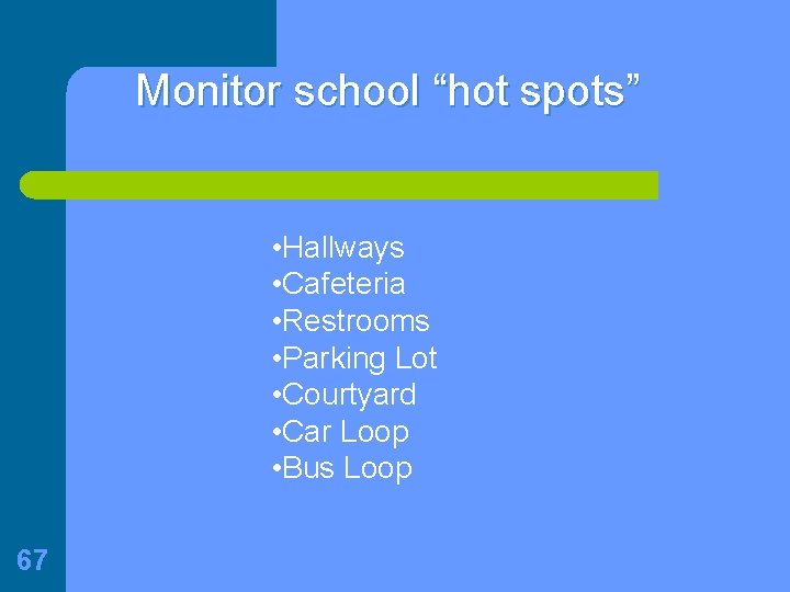 Monitor school “hot spots” • Hallways • Cafeteria • Restrooms • Parking Lot •