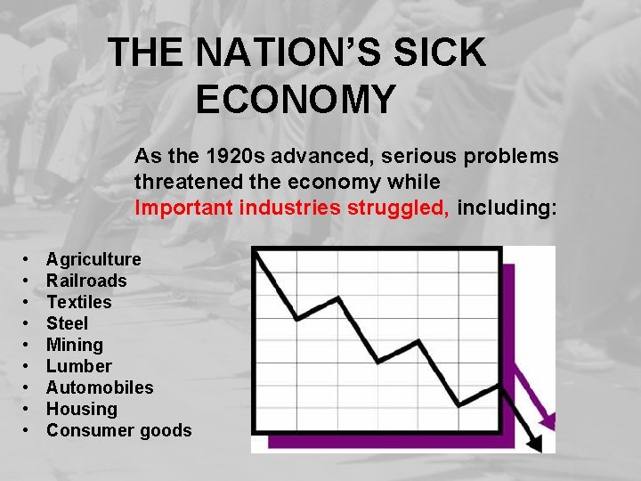 THE NATION’S SICK ECONOMY As the 1920 s advanced, serious problems threatened the economy