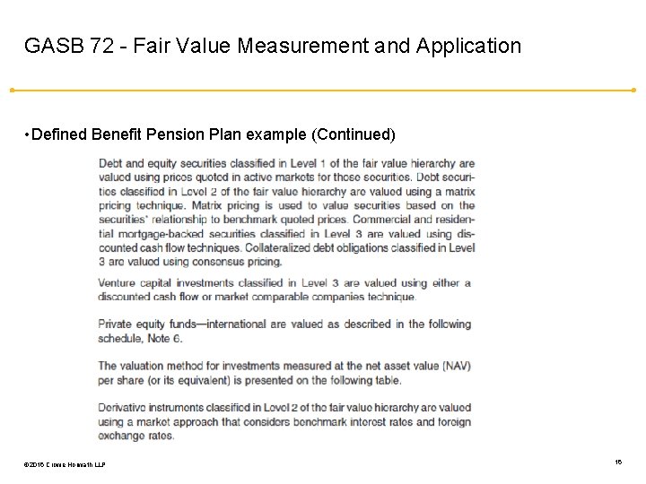 GASB 72 - Fair Value Measurement and Application • Defined Benefit Pension Plan example