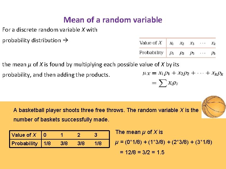 Mean of a random variable For a discrete random variable X with probability distribution