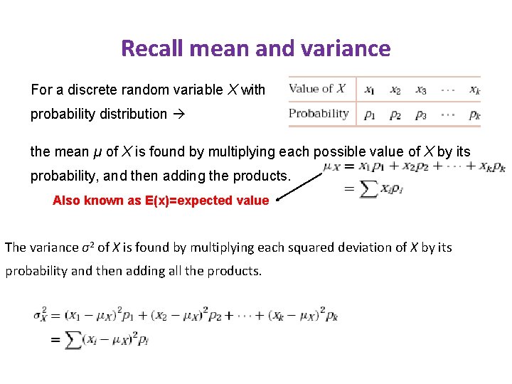 Recall mean and variance For a discrete random variable X with probability distribution the Recall mean and variance For a discrete random variable X with probability distribution the