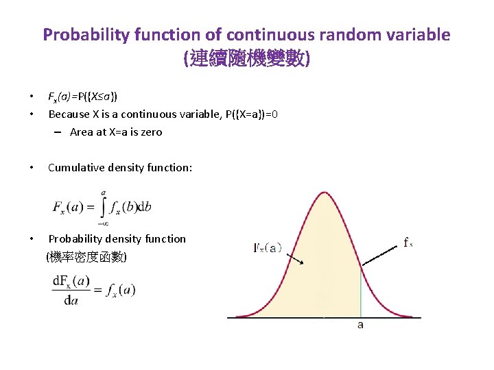 Probability function of continuous random variable (連續隨機變數) • • Fx(a)=P({X≤a}) Because X is a