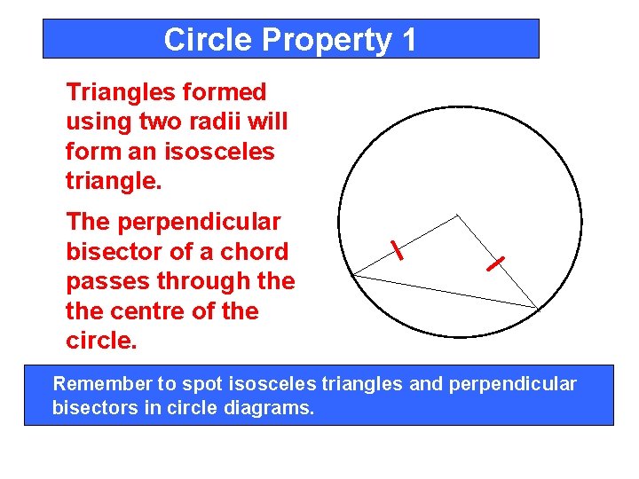 Circle Property 1 Triangles formed using two radii will form an isosceles triangle. The