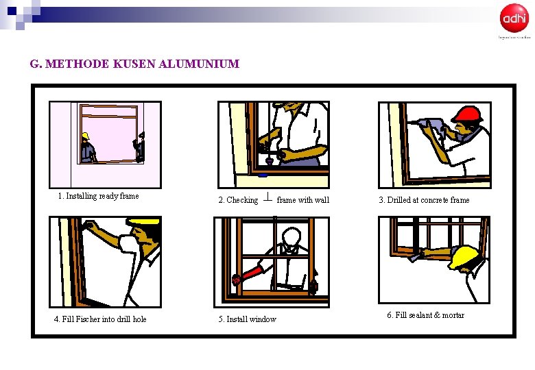 G. METHODE KUSEN ALUMUNIUM 1. Installing ready frame 4. Fill Fischer into drill hole G. METHODE KUSEN ALUMUNIUM 1. Installing ready frame 4. Fill Fischer into drill hole