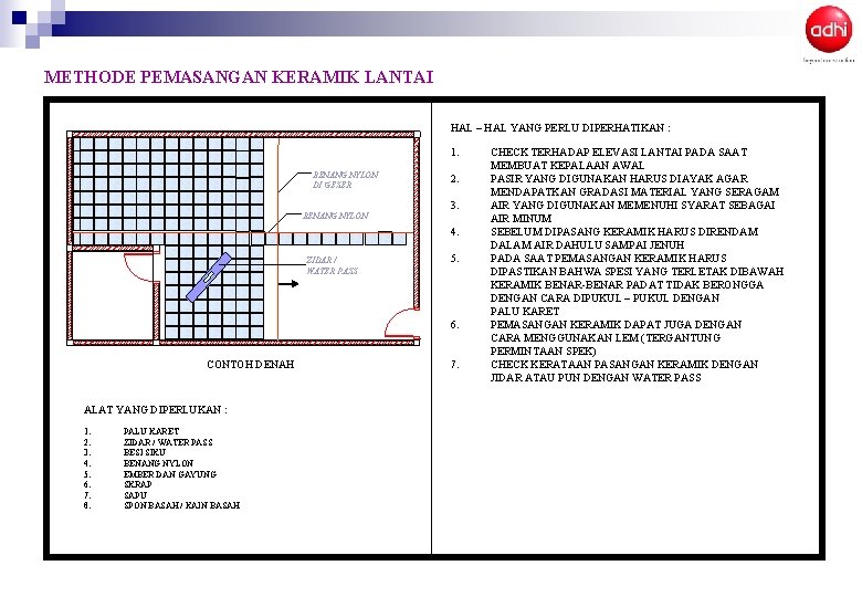 METHODE PEMASANGAN KERAMIK LANTAI HAL – HAL YANG PERLU DIPERHATIKAN : 1. BENANG NYLON METHODE PEMASANGAN KERAMIK LANTAI HAL – HAL YANG PERLU DIPERHATIKAN : 1. BENANG NYLON