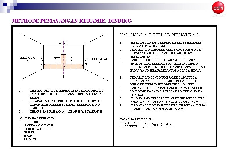 METHODE PEMASANGAN KERAMIK DINDING HAL –HAL YANG PERLU DIPERHATIKAN : D D' 1. 2. METHODE PEMASANGAN KERAMIK DINDING HAL –HAL YANG PERLU DIPERHATIKAN : D D' 1. 2.
