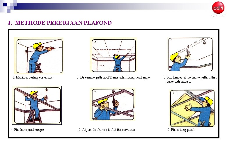 J. METHODE PEKERJAAN PLAFOND 1. Marking ceiling elevation 4. Fix frame and hanger 2. J. METHODE PEKERJAAN PLAFOND 1. Marking ceiling elevation 4. Fix frame and hanger 2.