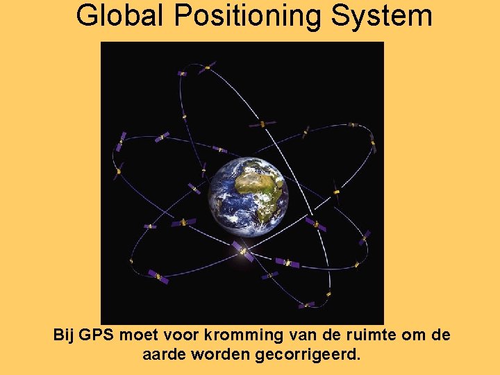 Global Positioning System Bij GPS moet voor kromming van de ruimte om de aarde