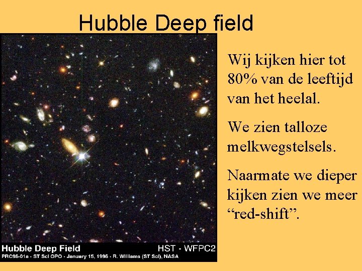 Hubble Deep field Wij kijken hier tot 80% van de leeftijd van het heelal.
