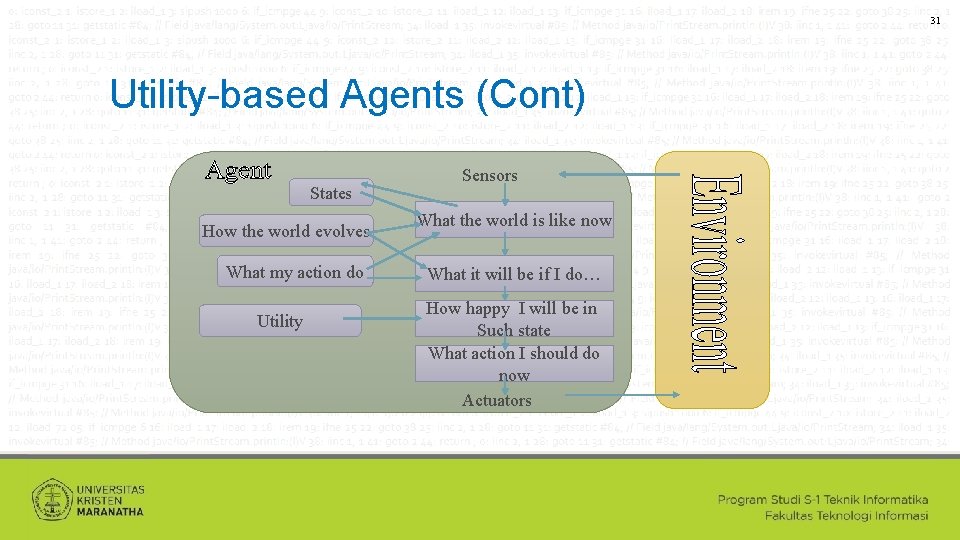 31 Utility-based Agents (Cont) States How the world evolves What my action do Utility