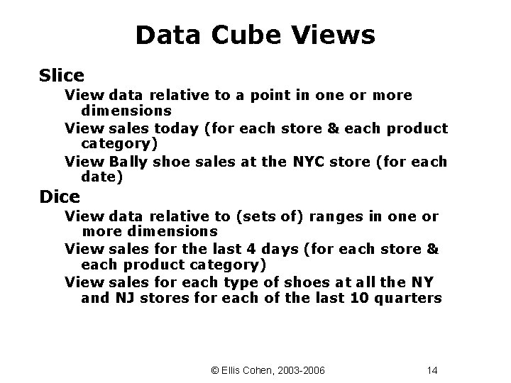 Data Cube Views Slice View data relative to a point in one or more