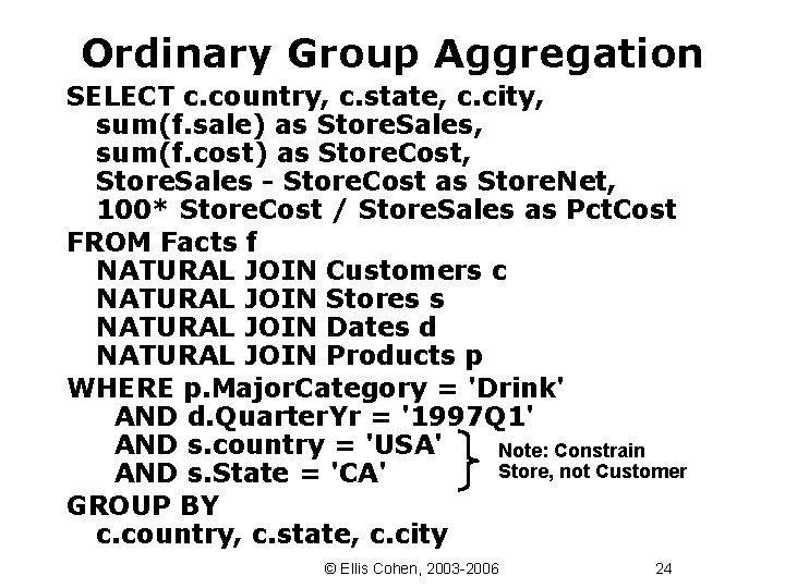 Ordinary Group Aggregation SELECT c. country, c. state, c. city, sum(f. sale) as Store.