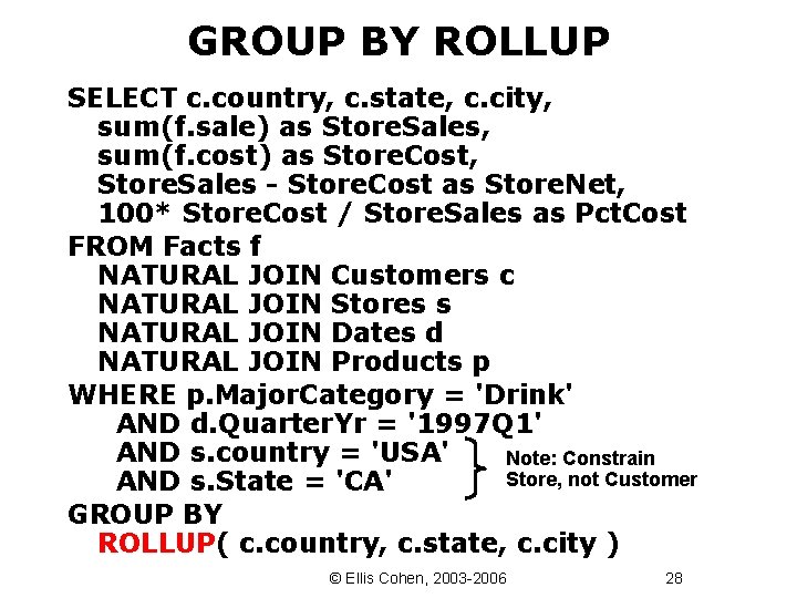 GROUP BY ROLLUP SELECT c. country, c. state, c. city, sum(f. sale) as Store.
