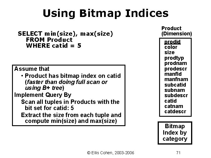 Using Bitmap Indices SELECT min(size), max(size) FROM Product WHERE catid = 5 Assume that