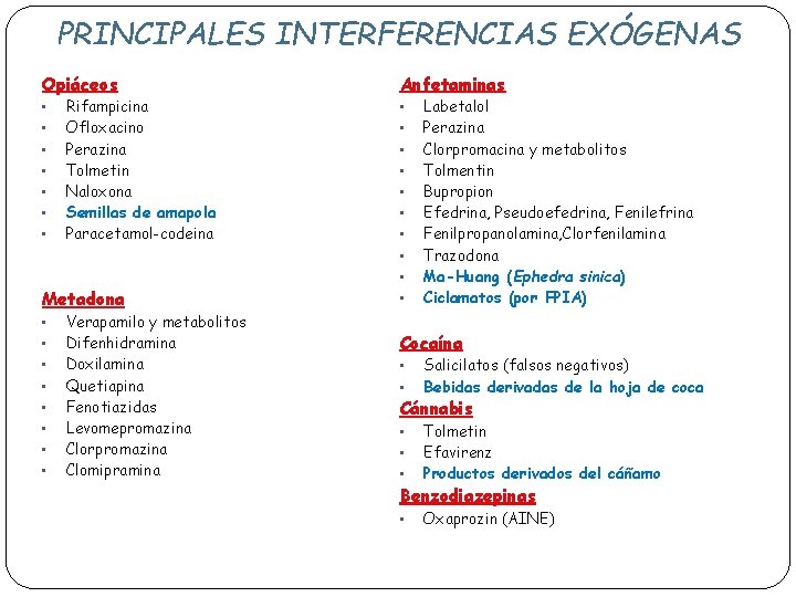 PRINCIPALES INTERFERENCIAS EXÓGENAS Opiáceos Anfetaminas • • Rifampicina Ofloxacino Perazina Tolmetin Naloxona Semillas de