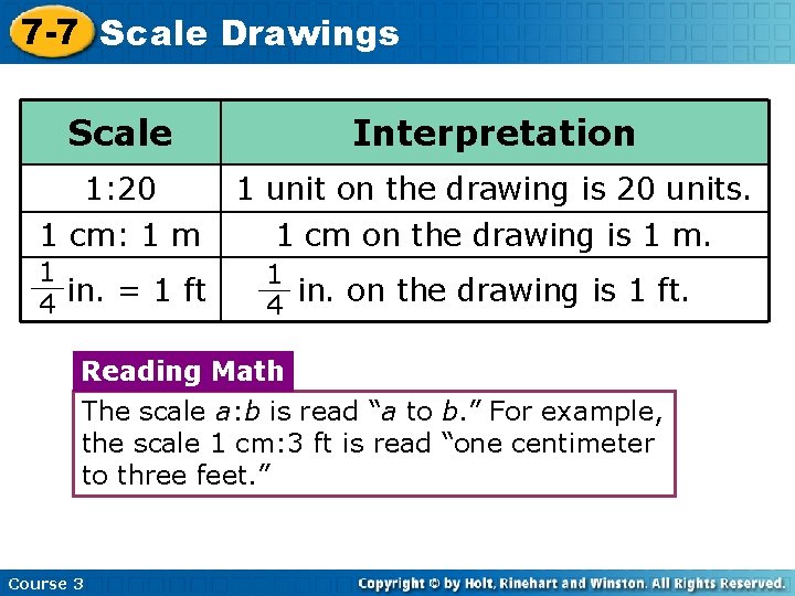 7 -7 Scale Insert Drawings Lesson Title Here Scale Interpretation 1: 20 1 unit