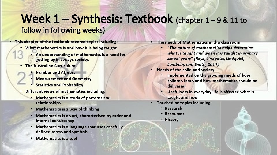 Week 1 – Synthesis: Textbook (chapter 1 – 9 & 11 to follow in