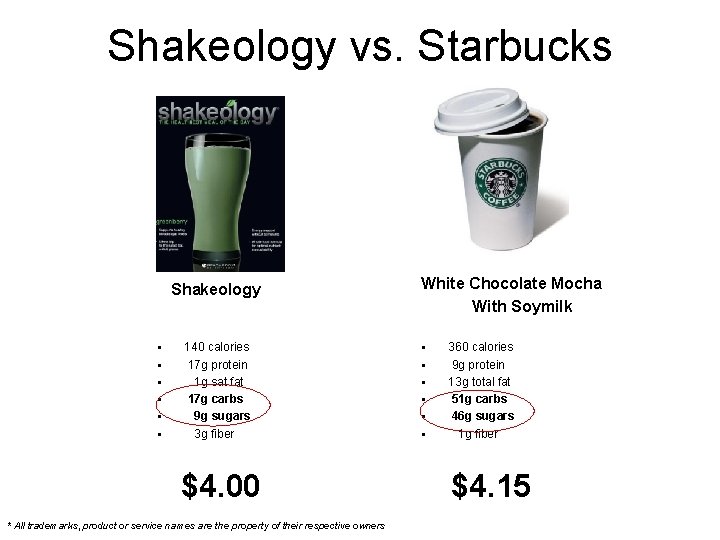 Shakeology vs. Starbucks ® Shakeology § § § 140 calories 17 g protein 1