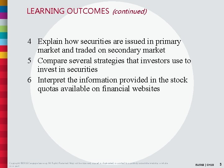 LEARNING OUTCOMES (continued) 4 Explain how securities are issued in primary market and traded